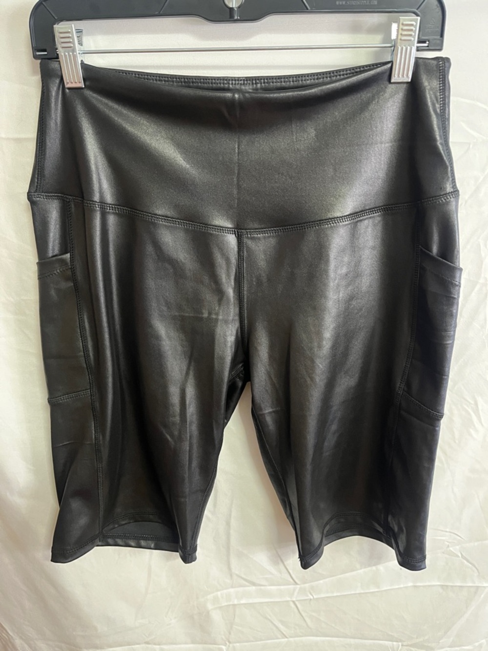 High-Rise Black Faux Leather Bike Shorts with Side Pockets — Women